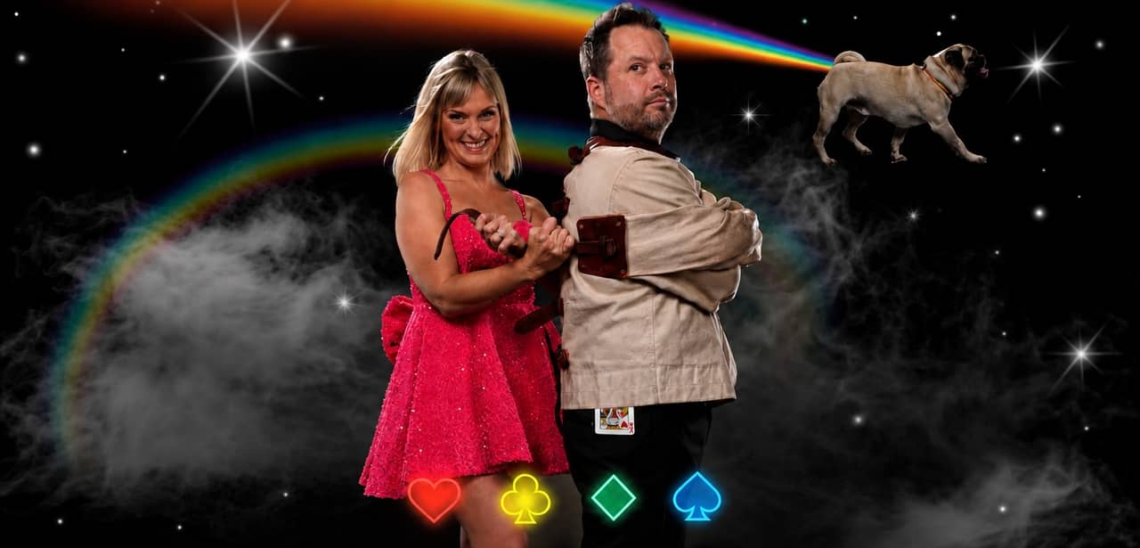 Farrell Dillon in a straitjacket with his wife holding the strap, a rainbow, stars and a flying pug