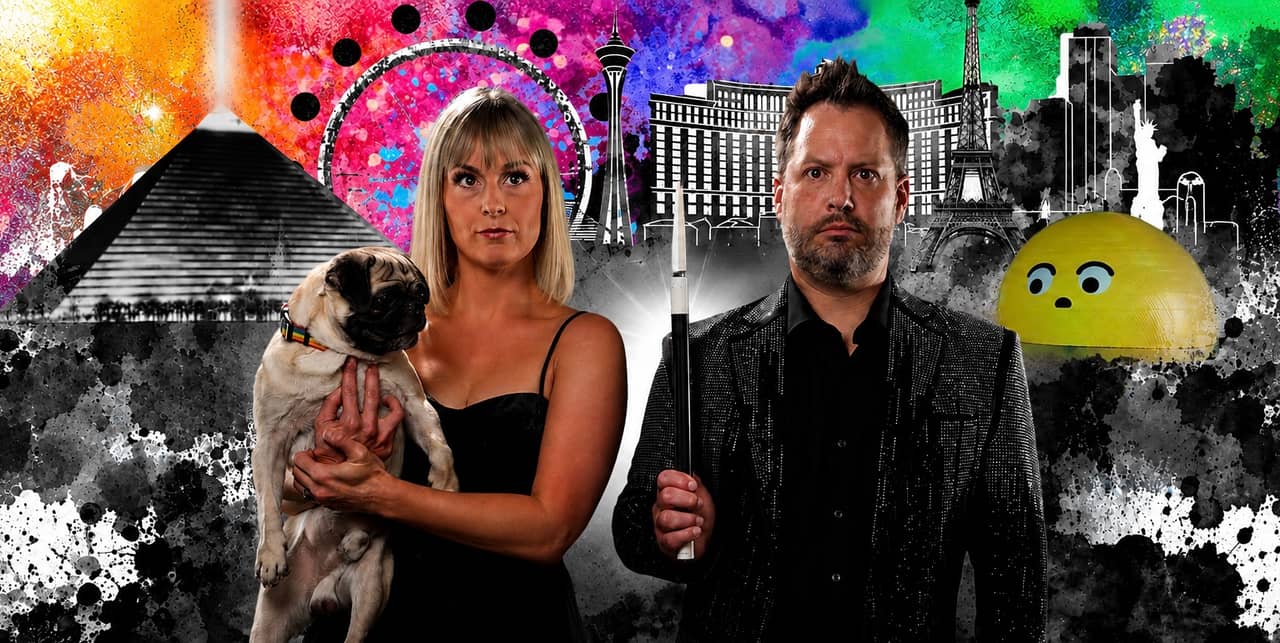 Farrell Dillon and his wife holding their pug in front of a colorful Las Vegas skyline collage